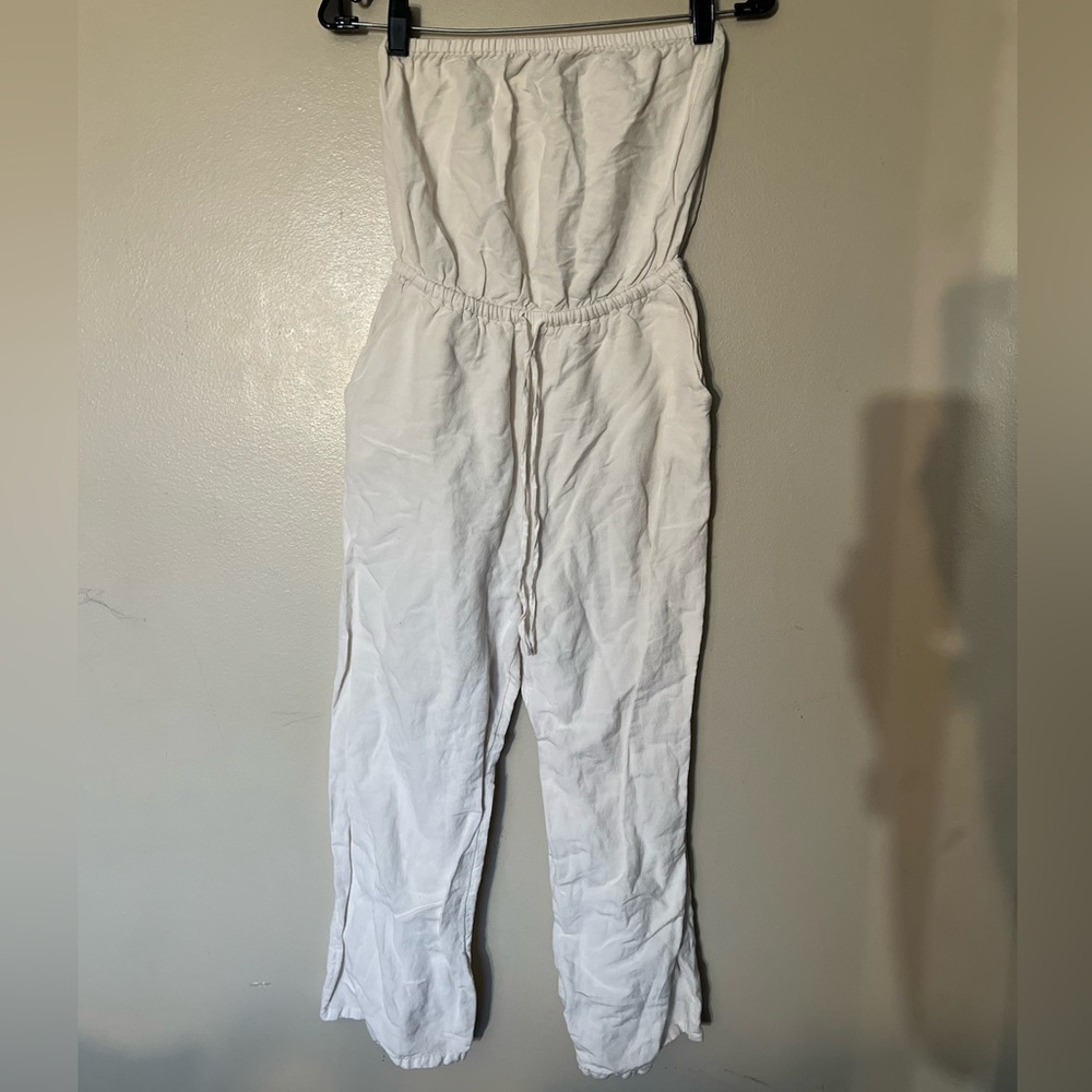 Express White Strapless Linen-Style Jumpsuit with Drawstring Waist